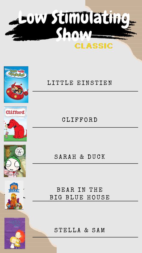 Introducing our 'Low Stimulating Show List,' a carefully curated selection of TV shows and movies designed to provide gentle and calming entertainment for children. In a world filled with fast-paced media, our list offers a peaceful alternative, ideal for promoting relaxation and minimizing overstimulation. Each recommendation has been thoughtfully chosen to align with Montessori principles, fostering a healthy screen time experience for young viewers. Browse our list and create a tranquil viewing environment for your child today! Although it is ready to go, you do have the option of changing anything you may want to edit! All you will need to have is a FREE Canva account, where you will be able to access this template. You will then be able to print your list at a place of your choice, or Low Stimulation Tv Shows For Babies, Non Stimulating Toddler Shows, Less Stimulating Shows For Kids, Low Stimulation Tv Shows For Kids, Montessori Principles, Toddler Shows, Calm Kids, Crunchy Moms, Parenting Knowledge