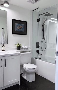 Small White Bathrooms, Condo Bathroom, Bathroom Design Black, Small Bathroom Renovations, Small Bathroom Makeover, Bathroom Redesign, Bathroom Remodel Designs, Bathroom Remodel Shower, Bathroom Inspiration Decor