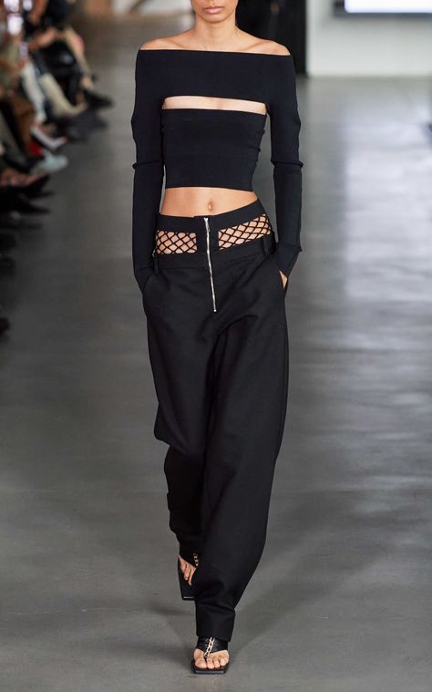 Dion Lee Fishnet-Detailed Wool-Blend Pants Fashion Show Aesthetic, Chiffon Crop Top, Grey Knit Dress, 2020 Fashion Trends, Dion Lee, Tube Top, Moda Operandi, Runway Fashion, Fashion Collection