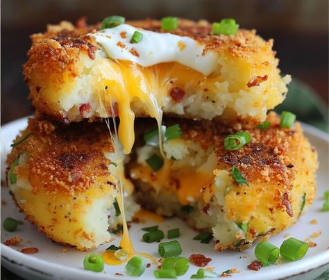 Cheesy Stuffed Potato Cakes – Chloe foods Stuffed Potato Cakes, Best Freeze Dried Food, Slow Cooker Salisbury Steak, Stuffed Potato, Italian Sausage Soup, Potato Recipes Side Dishes, Light Snacks, Potato Cakes, Creamy Mashed Potatoes