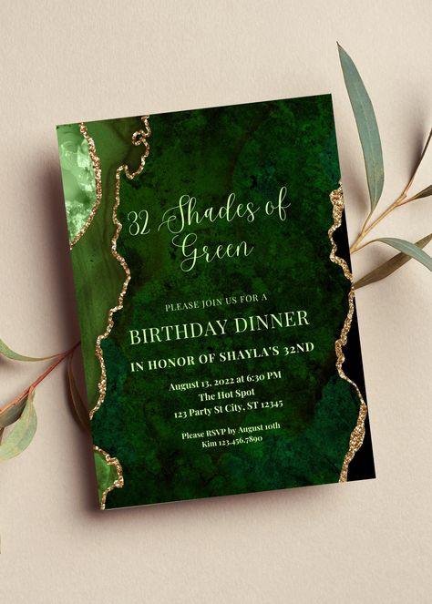 Editable shades of green birthday dinner invitation perfect for your next birthday party or birthday dinner. This green and gold invitation can be edited yourself using Canva. If you choose to print yourself the print size is 5x7 and can be printed on cardstock invitation paper. You can also have the completed file taken to your local print shop and have them print. Can also be saved as an image to use as a text invitation or email invitation. All the wording is editable. Details: Shades of Green Birthday Dinner invitation with green and gold agate design. Wording can be changed to accommodate all the great milestone birthdays such as sweet 16, 18th birthday, 21st birthday, 30th birthday, 40th birthday, 50th birthday, 60th birthday and so on! Wording can be edited for any occasion. HOW IT Emerald Green Black And Gold Dinner Party, Ivy Themed Party, 50 Shades Of Green Birthday Party, Shades Of Green Birthday Party, Emerald Birthday Party, Green And Gold Birthday Invitation, Green And Gold Sweet 16, Emerald Green Birthday Party Ideas, Green Birthday Invitations