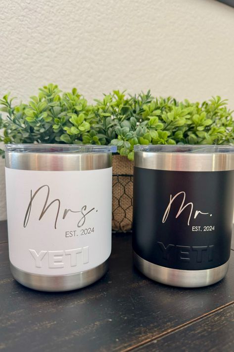 Gift your favorite couple the perfect engagement gift with this Mr. and Mrs. Yeti Lowball Tumbler set. This elegant gift will be a nice addition to any bar for the newlyweds. Bride Merch, Yeti Koozie, Yeti Lowball, Custom Yeti, Yeti Cooler, Perfect Engagement Gifts, Engagement Party Gifts, Water Wedding, Merch Ideas