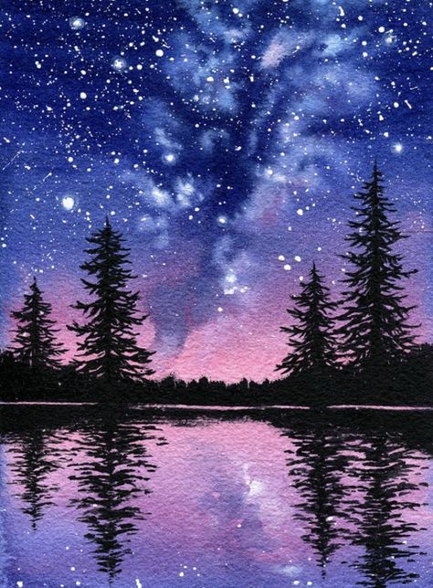 Galaxy Art Painting, Watercolor Night Sky, Night Sky Art, Watercolor Scenery, Sky Art Painting, Night Sky Painting, Web Comic, Lake Painting, Canvas For Beginners