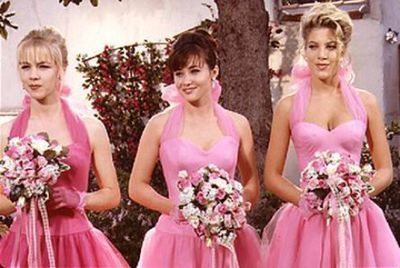 1990s Bridesmaid Dresses, Tacky Bridesmaid Dresses, Bridesmaid Dresses 90s, 80s Bridesmaid Dress, 90s Bridesmaid Dresses, 2 Bridesmaids And Bride, Pink Dress Gown, Wedding Dresses 90s, Ugly Bridesmaid Dresses