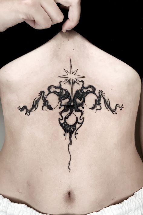 Ethereal Tattoos Chest, Dark Divine Feminine Tattoo, Alternative Back Tattoos, Reinessance Tattoo, Alternative Chest Tattoo, Dark Feminine Tattoos Chest, Alt Back Tattoo, Edgy Chest Tattoos, Tattoo Ideas Torso