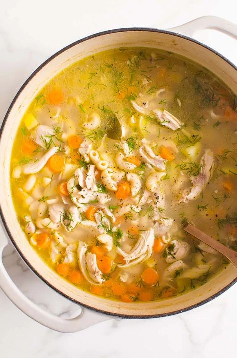 This Chicken Noodle Soup with juicy chicken, tender noodles and fresh dill is my grandma's recipe. As a Ukrainian who grew up eating soup every single day, you better trust me when I say "this soup is good!" Once you try my recipe, you will say "good-bye" to canned and boxed stuff. Quick Chicken Noodle Soup, Elbow Noodles, Best Chicken Noodle Soup, Healthy Family Recipes, Chicken Noodle Soup Easy, Recipe Using Chicken, Cauliflower Mashed Potatoes, Chicken Tender, Wild Rice Soup