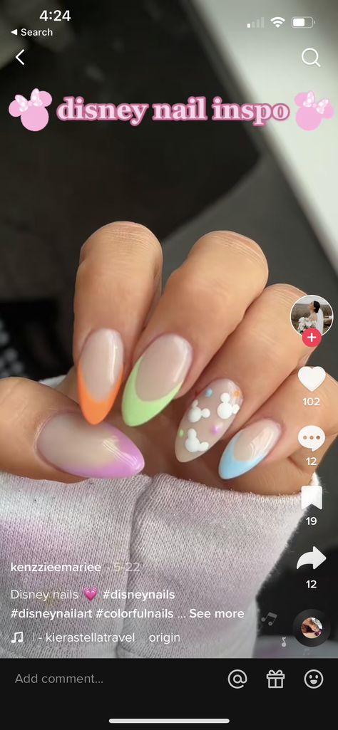 Disney Inspo Nails Simple, Disney Nails Rainbow, Magic Kingdom Nail Ideas, Disney Inspired Nails Acrylic Simple, Summer Disney Nails Designs, Gel Nails Ideas Short Disney, Spring Nails Disney, Disney Inspired Acrylic Nails, Aesthetic Disney Nails Short