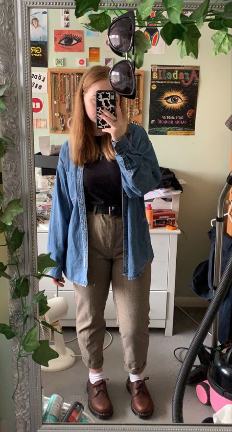 Style Brown Doc Martens, Trousers And Docs Outfit, Brown Oxford Doc Martens Outfit, Doc Marten Oxfords Womens Outfits, Styling Brown Doc Martens, Vintage Doc Martens Outfit, Outfits With Brown Doc Martens, Light Academia Shoes, Brown Docs Outfit