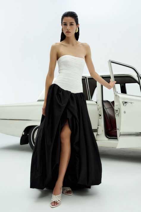 Shop Designer Dresses Online | Aje – Aje ROW Skirt Asymmetrical, Bubble Hem, Strapless Gown, Straight Neckline, Ruched Bodice, Gathered Skirt, Style Maxi Dress, Full Skirt, Black Maxi Dress