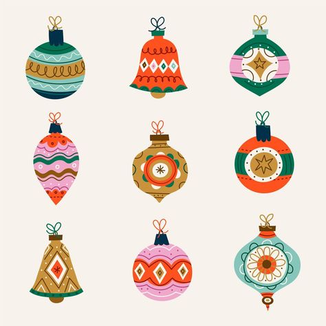 Free Vector | Hand drawn flat christmas ball ornaments collection Retro Christmas Ornaments Illustration, Christmas Ornaments Design Ideas, Graphic Design Ornaments, Ornament Illustration Christmas, Hand Drawn Ornaments, Vintage Ornament Illustration, Ornament Graphic Design, Christmas Baubles Illustration, Christmas Bauble Diy