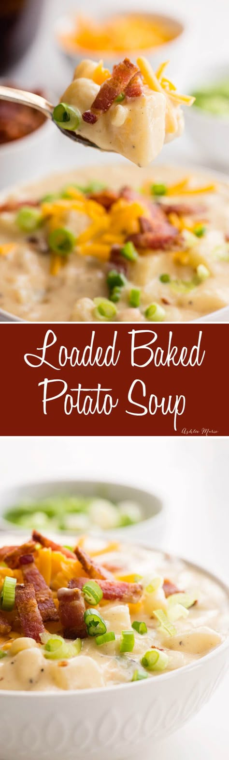 one pot loaded baked potato soup - creamy, rich and filling - the perfect comfort food Soup Recipes Potato, Loaded Baked Potato Soup Recipe, Chihuahua Sweater, Baked Potato Soup Recipe, Weight Watcher Desserts, Winter Entertaining, Recipes Potato, Loaded Potato Soup, Loaded Baked Potato