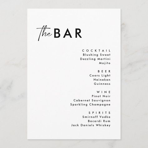 Minimal Black White Script  Drinks Bar Menu Birthday Drink Menu Ideas, Drinks Menu Design Ideas, Bar Menu Design Ideas, Drink Menu Design Ideas, Black And White Cocktail Party, Bar Menu Ideas, Drinks Menu Design, Engagement Party Drink, Cocktail Menu Design