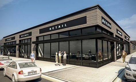 Proposed new retail facade Retail Center Architecture, Exterior Warehouse Design, Strip Mall Exterior, Strip Mall Facade, Retail Building Design, Retail Facade Design, Shopping Center Design, Shopping Center Architecture, Retail Building