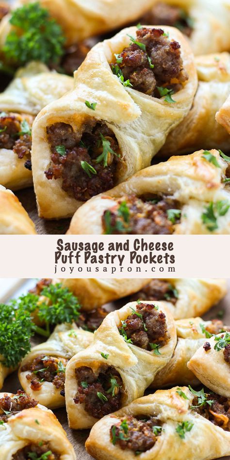 Sausage and Cheese Puff Pastry Pockets - easy and yummy appetizer and finger food! Only 6 ingredients and perfect for parties, game day and the holidays! Ground sausage and cheddar cheese wrapped in buttery puff pastry sheets. Always a crowd pleaser! #appetizer #partyfood #fingerfood #gamedayfood #sausage #cheese #pastry #puffpastry #recipe #joyousapron New Years Eve Snacks, Puff Pastry Pockets, Ideas Para La Cena, Puff Pastry Appetizers, Pastry Appetizer, Cheese Puff, Cheese Puff Pastry, Drink Party, Fail Videos