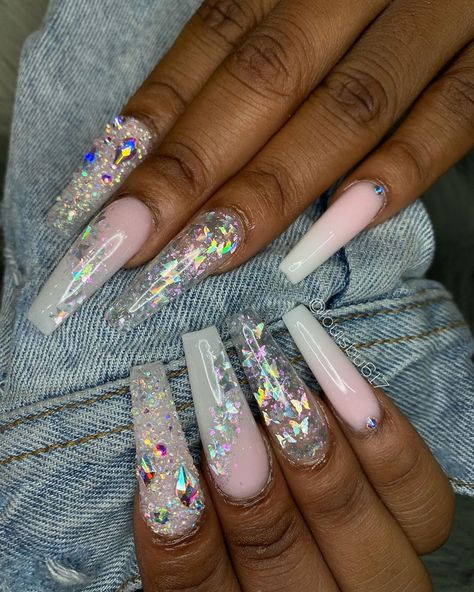 Nails With Butterfly, Butterfly Nail Designs, White Coffin Nails, Glitter Nails Acrylic, Butterfly Nails, Fantasy Nails, Purple Pastel, White Nail Designs, Instagram Nails