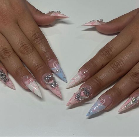 Marie Antoinette Inspired Nails, Marie Antoinette Nails, Coquette Stiletto Nails, Rococo Nails, Xxl Kawaii Nails, Gothic Nails, Edgy Nails, Blush Nails, Pretty Gel Nails