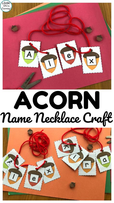 Turn learning to spell names into a fun fall activity with this easy Name Acorn Necklace Craft for kids! Squirrel Literacy Activities Preschool, Acorn Theme Preschool Activities, Acorn Toddler Activities, Fall Name Recognition Activities, Squirrel Name Craft, November Name Activities Preschool, Fall Preschool Name Activities, November Name Craft, Squirrel And Acorn Crafts Preschool