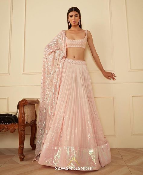 Baby Pink Indian Outfit, Pink Sequin Lehenga, Pink Indian Outfit, Baby Pink Lehenga, Sawan Gandhi, Off Shoulder Lehenga, Pink Lengha, India Traditional Dress, Indian Wedding Reception Outfits