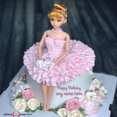 write name on pictures with eNameWishes by stylizing their names and captions by generating text on Cute Barbie Doll Cake with Name Generator with ease. Barbie Themed Cake, Barbie Torte, Barbie Dress Cake, Doll Cake Designs, Princess Doll Cake, Barbie Doll Birthday Cake, Birthday Cake Write Name, Cake Designs For Girl, Birthday Cake Writing