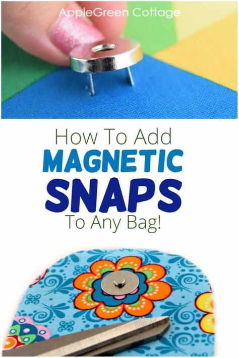 Bag With Button Closure, How To Attach Magnetic Snaps, Purse Hardware Diy, How To Install Magnetic Snaps, Purse Closures Ideas, Easy Diy Purse, Sewn Handbags, Sewing Totes, Snap Bags