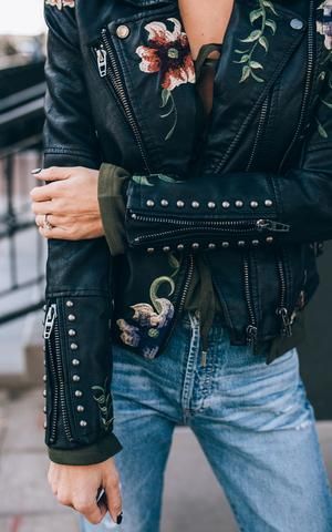 Embroidered Leather Jacket features stud details, embroidered floral pattern with zippers and back paneling [ad] Jackets Grunge, Stil Rock, Narrow Shoulders, Embroidered Leather Jacket, Narrow Hips, Insta Bio, Rock N Roll Style, Hollywood Actors, Embroidered Leather