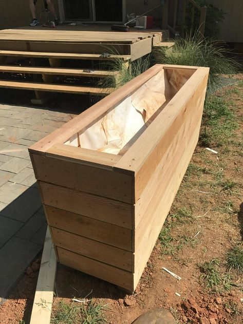 Horizontal Privacy Planter - DIY $25 - Imgur Raised Privacy Planter, Diy Wood Raised Planter Boxes, Planter Between Garage Doors, Front Porch Planter Boxes, Planter Box In Front Of House, Courtyard Planter Boxes, Planter Box Privacy Wall, Diy Large Planter Boxes, Diy Box Planters Outdoor