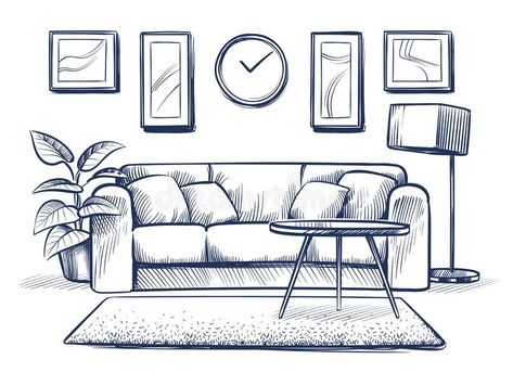 Sketch interior. Doodle living room with sofa, cushions and picture frames on wall. Freehand drawing home vector stock illustration Sofa Drawing, Interior Design Sketchbook, Drawing Furniture, Furniture Sketch, Seni Pastel, Furniture Design Sketches, Drawing Interior, Interior Design Renderings, Interior Architecture Drawing