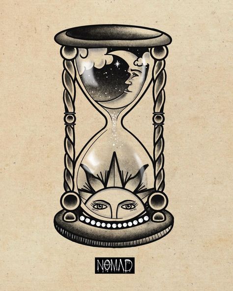 Traditional Tattoos Black Sleeve, Hourglass Tattoo Traditional Black, Traditional Style Hourglass Tattoo, Black And Grey Moon Tattoo, Old School Clock Tattoo, Tattoo Ideas Hourglass Design, New School Black Tattoo, Cracked Hourglass Tattoo, Traditional Tattoo Design Black And Grey