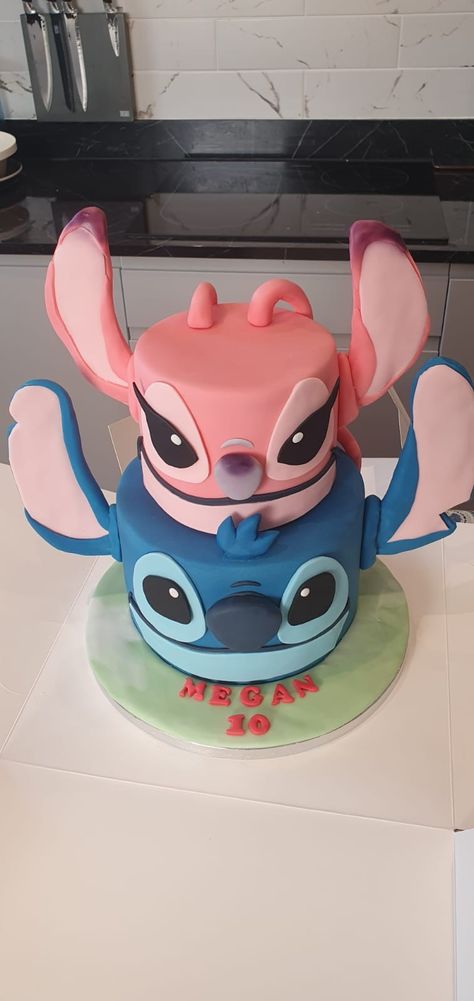 Stitch and Angel Cake Stitch Cake 2 Tier, 3d Stitch Cake, Angel From Lilo And Stitch Cake, Stitch And Angel Themed Birthday Party, Stitch Birthday Cake Girl, Stitch And Angel Cakes Ideas, Stitch Birthday Party Ideas Cake, Lilo And Angel Cake, Stich Birthday Cake Girl