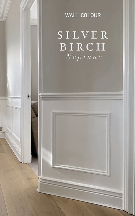 Grey Panelled Hallway, Neptune Silver Birch, Silver Birch Neptune Paint, Grey Carpet Wall Color Ideas, Slim Hallway Ideas, Corridor Ideas Entry Hall, Hallway And Stairs Ideas Paint Colors, Large Landing Ideas Upstairs, Small Hallway Ideas Entrance Halls