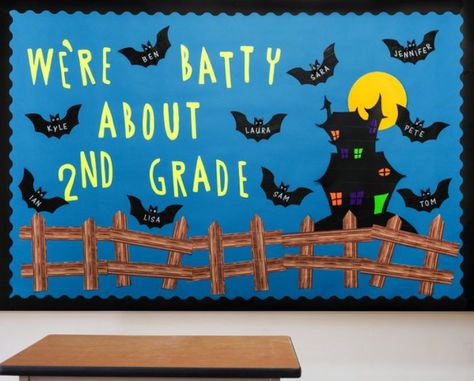 A bulletin board decorated with a spooky castle and bats. Bat Bulletin Board, Halloween Bulletin Board Ideas, Diy Bulletin Board, Halloween Bulletin Boards, Halloween Names, Duct Tape Crafts, Bulletin Board Ideas, Bulletin Board Decor, Board Decoration