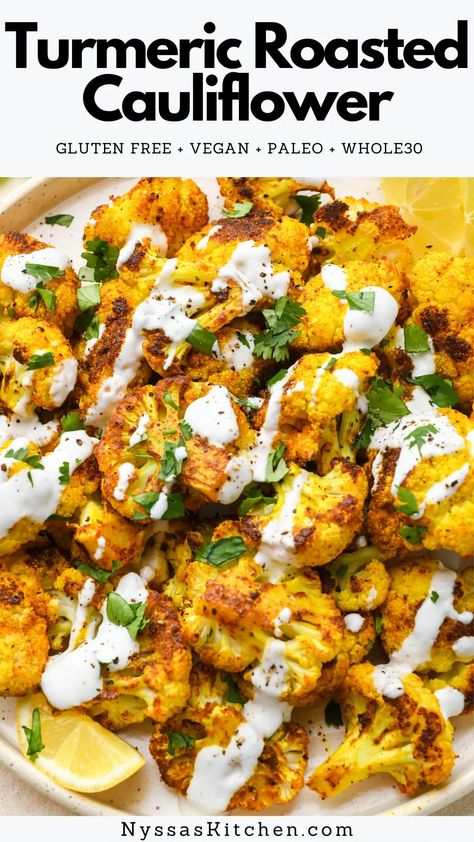 Cauliflower Recipes Clean Eating, Roasted Spiced Cauliflower, Cauliflower Tumeric Recipes, Whole30 Cauliflower Recipes, Vegetarian Dinner Cauliflower, Califlower Recipes Mediterranean, Curried Cauliflower Roasted, Turmeric Roasted Cauliflower, Cauliflower Side Dish Recipes Healthy