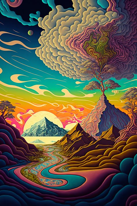 This is a colorful painting of a psychedelic landscape. You can get it as a metal poster on Displate! Acid Art, Psychadelic Art, Nature Posters, Art Gallery Wallpaper, Hippie Wallpaper, Visionary Art, Trippy Art, Spiritual Art, Surreal Art