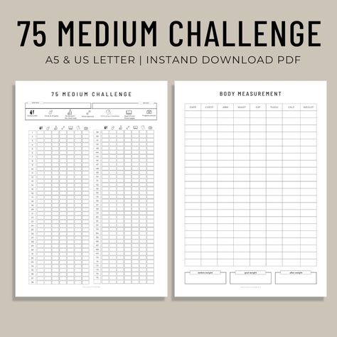 75 Medium Challenge Tracker Free, 75 Day Medium Challenge, 75 Hard Workout Ideas, 75 Medium Challenge Tracker, 75 Medium Challenge, 75 Day Challenge, Measurement Tracker, 75 Hard Challenge, Challenge Template