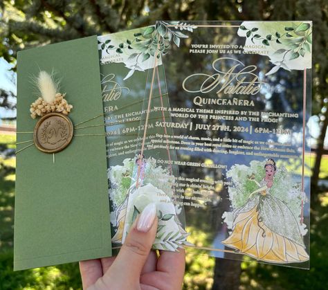 "Important Note:" List price is valid for orders of 100 pieces or more. Prices vary for orders under 100 pieces, please ask for price. Frog and Princess, Tiana Princess And The Frog, Frog and Princess invitation, Quinceañera, Quince Años, 15 Años, Sweet 16, Quince invitation, Green half envelope, Gold wax seal abd dried flowers  Mailing envelope is not included in the price. Customizable invitations Here are some notes: * If you can't find what you are looking for in my store, contact me. I can Princess And The Frog Frog, Frog And Princess, Quinceñera Invitations, Green Quinceanera Theme, Tiana Princess And The Frog, Tiana Wedding, Princess Sweet 16, Princess Frog, Tiana Princess