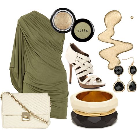 Green & gold, created by luchenskil on Polyvore Ruched Mini Dress, Wishful Thinking, Fabulous Fashion, Green Gold, Heel Sandals, High Heel Sandals, Shoulder Handbags, Green And Gold, High Heel