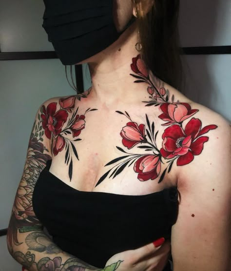 16 Tattoo, Neotraditional Tattoo, Throat Tattoo, Bone Tattoos, Pieces Tattoo, Chest Tattoos For Women, Chest Piece Tattoos, Tatuaje A Color, Collar Bone Tattoo