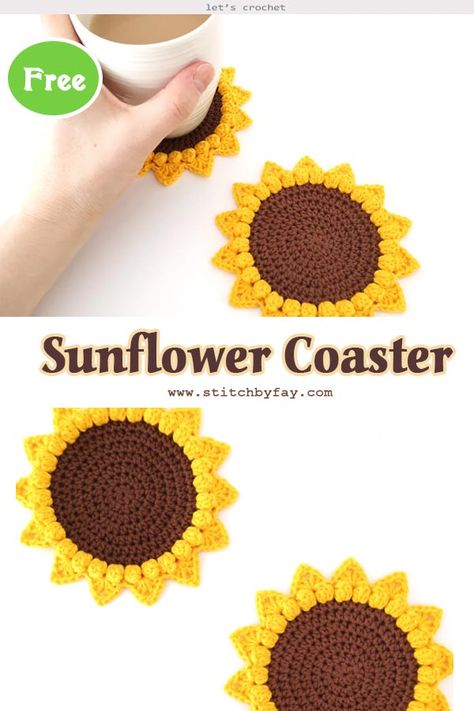 Sunflower Coaster Crochet Free Pattern Sunflower Coaster Crochet, Free Crochet Sunflower, Sunflower Coaster, Sunflower Coasters, Crochet Mug Cozy, Fresh Vibes, Crochet Coasters Free Pattern, Coaster Pattern, Crochet Baby Sandals