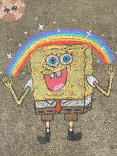 Spongebob Side walk chalk art Summer goals Spongebob Sidewalk Chalk, Chalk Ideas Spongebob, Spongebob Chalk Art Easy, Chalk Spongebob, Spongebob Chalk Art, Chalk Doodles, Street Chalk Art, Gorilla Art, Fun Chalk Art