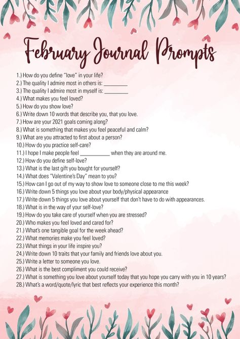 How To Start Journal, February Writing Prompts, February Writing, Bullet Journal Prompts, Essay Ideas, February Bullet Journal, What Love Means, Journal Topics, Fun Questions To Ask