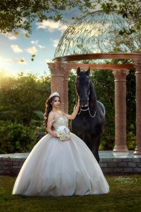 Quince Horse Pictures, Quinceanera Horse Theme, White Horse Quinceanera, Quinceanera Pictures With Horses, Quince Foto Shoot Ideas, Photo Shoot Quinceanera, Quinceanera Photoshoot With Horse, Quince Pics With Horses, Quinceanera With Horse