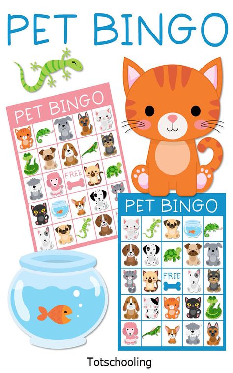 FREE printable BINGO game for preschool kids to have fun while learning about pets. Perfect for a pet theme or Dr. Seuss theme! Preschool Pets Unit, Preschool Pet Activities, Printables Preschool, Bingo Games For Kids, Bingo For Kids, Pets Preschool Theme, Creative Curriculum, Theme Activity, Tot School