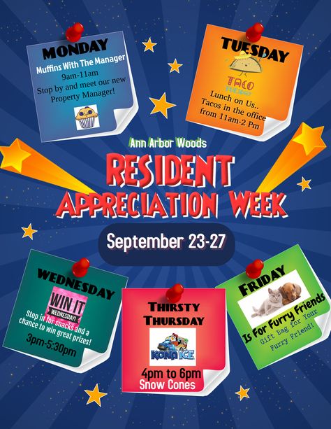 Mark Your Calendars...Resident Appreciation Week is September 23rd-27th!  More Details to come on the events for each day.  We hope to see you there! Resident Events Apartments, Resident Appreciation Week Ideas, Resident Halloween Events, Resident Activity Ideas Apartment, September Resident Event Ideas, September Resident Events, Apartment Resident Events, Assisted Living Week Ideas, Resident Appreciation Ideas Apartments