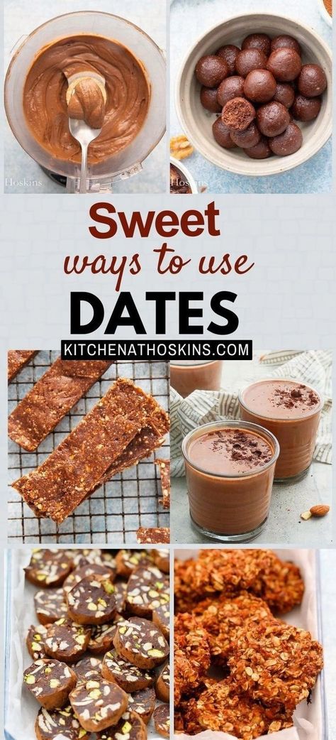 Discover mouthwatering date recipes for snacks, smoothies, no-bake treats, and desserts. If you have wondered what to do with dates, then you are sure to find ideas for clean eating, vegan or healthy recipes using Medjool dates at kitchenathoskins.com. Uses For Dates, Recipes Using Date Paste, How To Use Dates In Recipes, Recipes For Dates, Healthy Date Recipe, Recipes With Dates Healthy, Healthy Date Recipes, Healthy Date Desserts, Benty Pucks