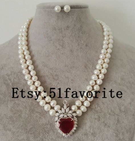 Pearl set- 6-7mm white pearl wedding necklace, pearl red zirconia wedding necklace ,bride necklace e Pearl Necklace With Pendant, Red Pearl Necklace, Wedding Necklace Pearl, Pearl Wedding Necklace, Coin Pearl Necklace, Bride Necklace, Pearl Jewelry Design, Pearl Necklace Vintage, Pearl Necklace Designs