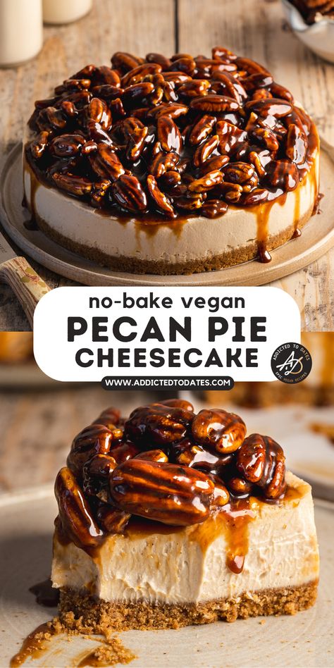 Caramel Pecan Cheesecake (Vegan, No Bake) Vegan Pecan Cheesecake, Christmas Pecan Pie, Vegan Pecan Pie Cheesecake, Vegan Caramel Recipe, Healthy Desserts Vegan, Scarlett Pie, Vegan Desserts Thanksgiving, Christmas Food Vegan, Christmas Dessert Vegan