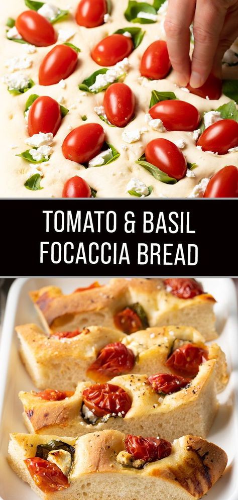 This tomato basil focaccia bread features flavorful cherry tomatoes, fresh basil, and creamy goat cheese baked right into tender and chewy focaccia bread. Bread With Cherry Tomatoes, Cherry Tomato Bread, Foccacia Bread Tomato, Tomato Basil Focaccia Bread, Basil Foccacia Bread Recipes, Tomato Foccacia Bread, Tomato Bread Recipe, Basil Focaccia, Cherry Tomato Appetizers