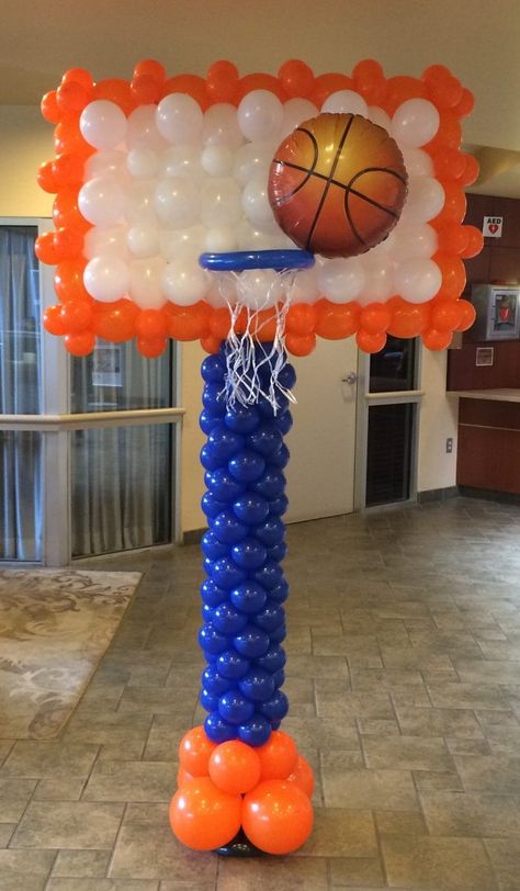 Balloon Basketball Hoop, Basketball Birthday Party Decorations Balloon Arch, Sports Party Balloons, Kids Sports Themed Birthday Party, Basketball Party Balloons, Basketball Theme Decorations, Basketball Theme Balloon Garland, Basketball Float For Parade, Sports Themed Balloon Arch