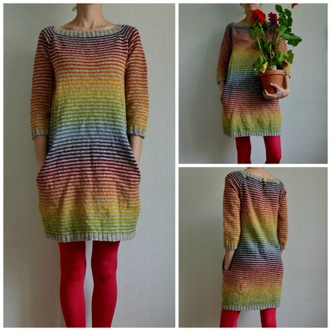 Colorful Still Light Tunic - Knit Rainbow Variation By MissKadri Knit Rainbow, Colorful Knit, Knit Dress Pattern, Knitting Tips, How To Purl Knit, Knit Tunic, Diy Knitting, Knit Outfit, Knitting Inspiration