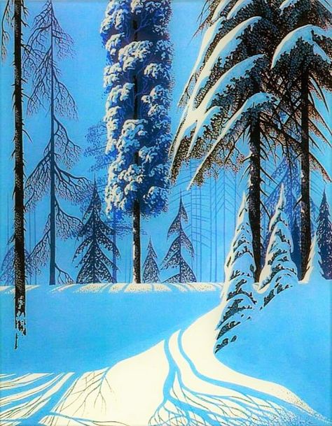 Eyvind Earle, Snow Covered Trees, Winter Illustration, 수�채화 그림, Snow Scenes, Landscape Drawings, Tree Drawing, Landscape Illustration, Winter Art